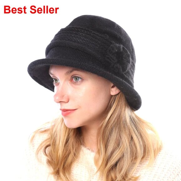 Winter Knit Hat with Crochet Visor Brim and Flower Accent main image 3